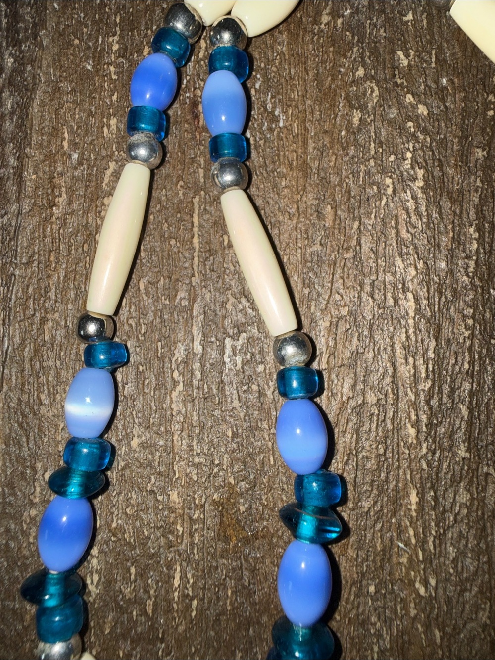 Handmade Blue and Cream Beaded Sun Pendant Necklace - Picture 3 of 3